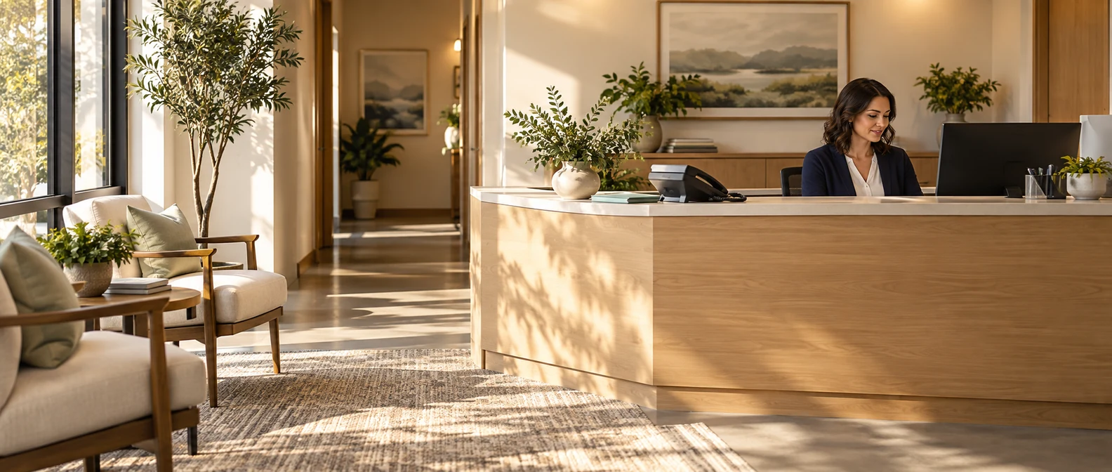AI receptionist for addiction treatment centers: administrator at a wooden reception desk with a telephone, plants, and empty waiting chairs.