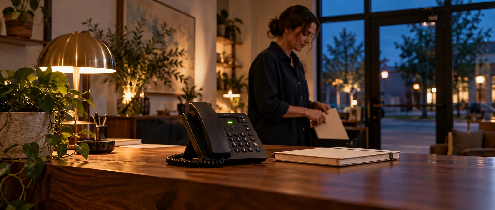 Business telephone on a warmly lit reception counter as the owner finishes work after dark.