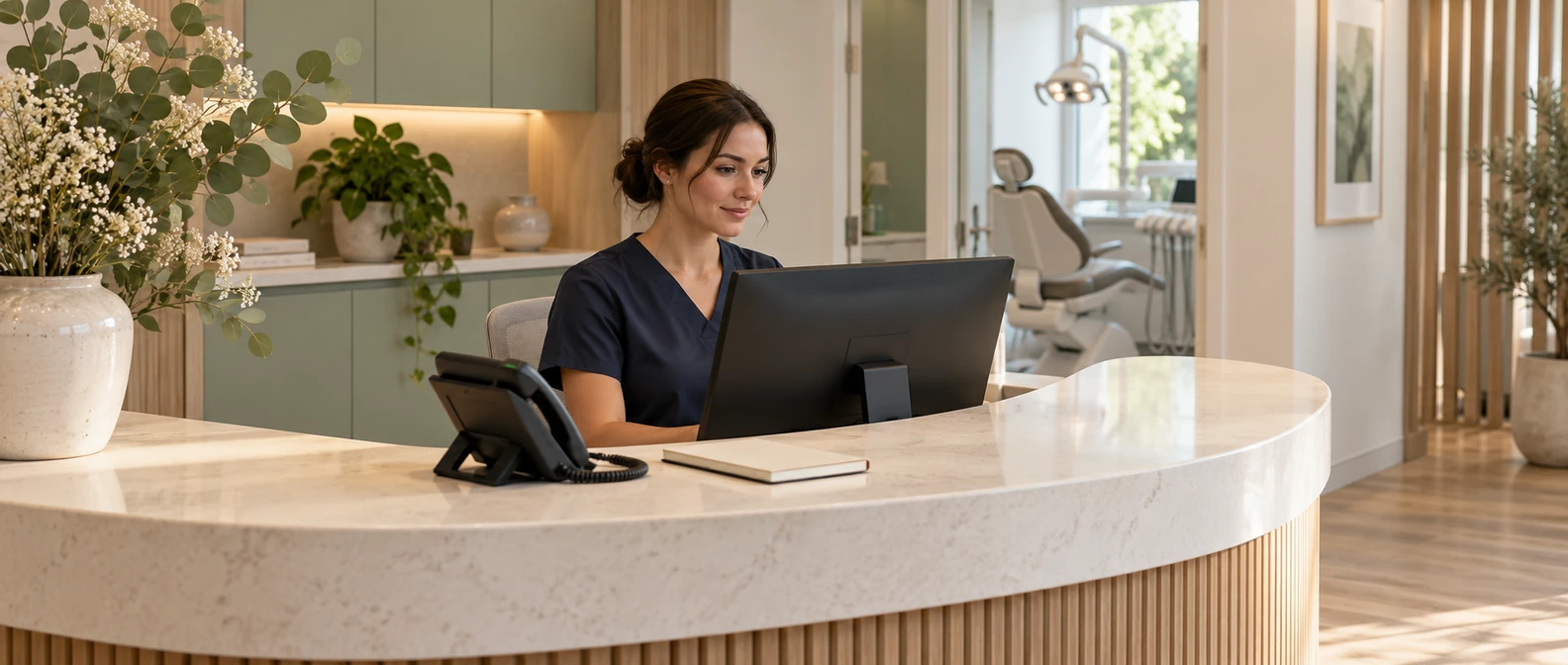 AI dental receptionist: receptionist at a modern dental front desk with a telephone and a treatment room in the background.