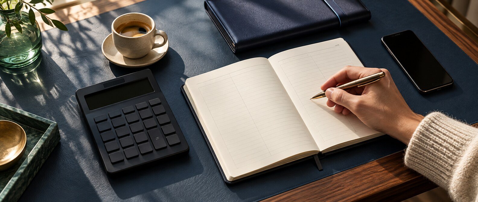 Calculator, notebook and phone on a business owner's desk for planning receptionist costs.