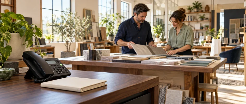 Desk telephone in the foreground while two coworkers review material samples at a sunlit worktable.