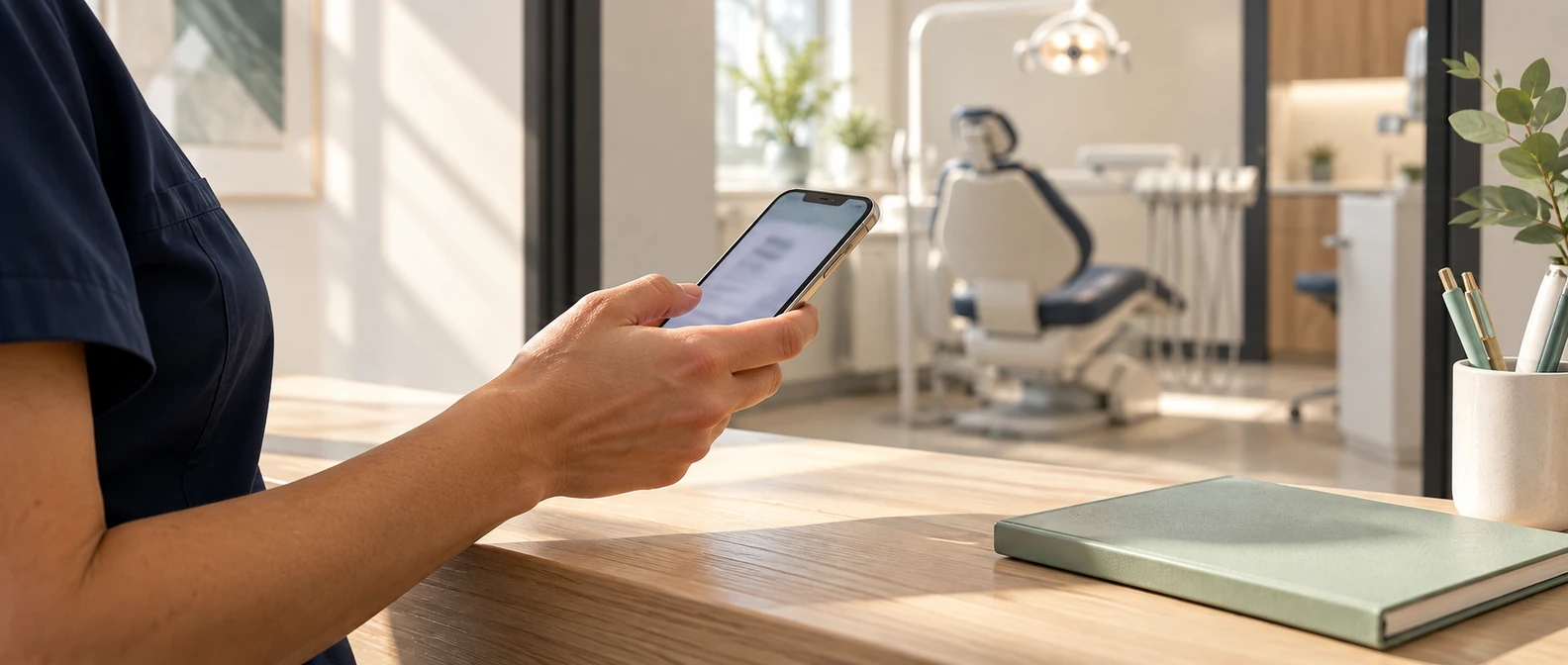 Dental appointment reminders: person in navy scrubs holding a smartphone beside a closed mint notebook, with an empty dental chair behind.