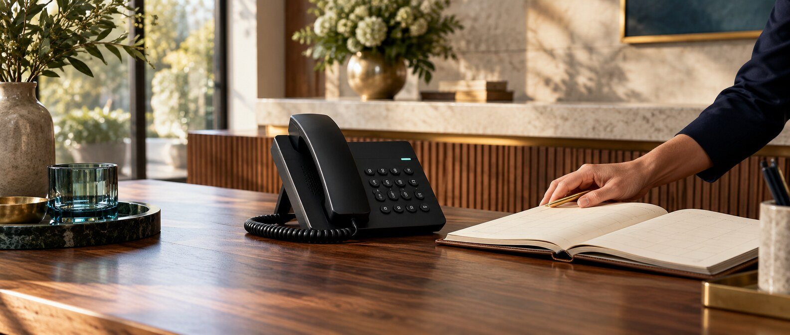 Business telephone and appointment planner on a sunlit reception desk.