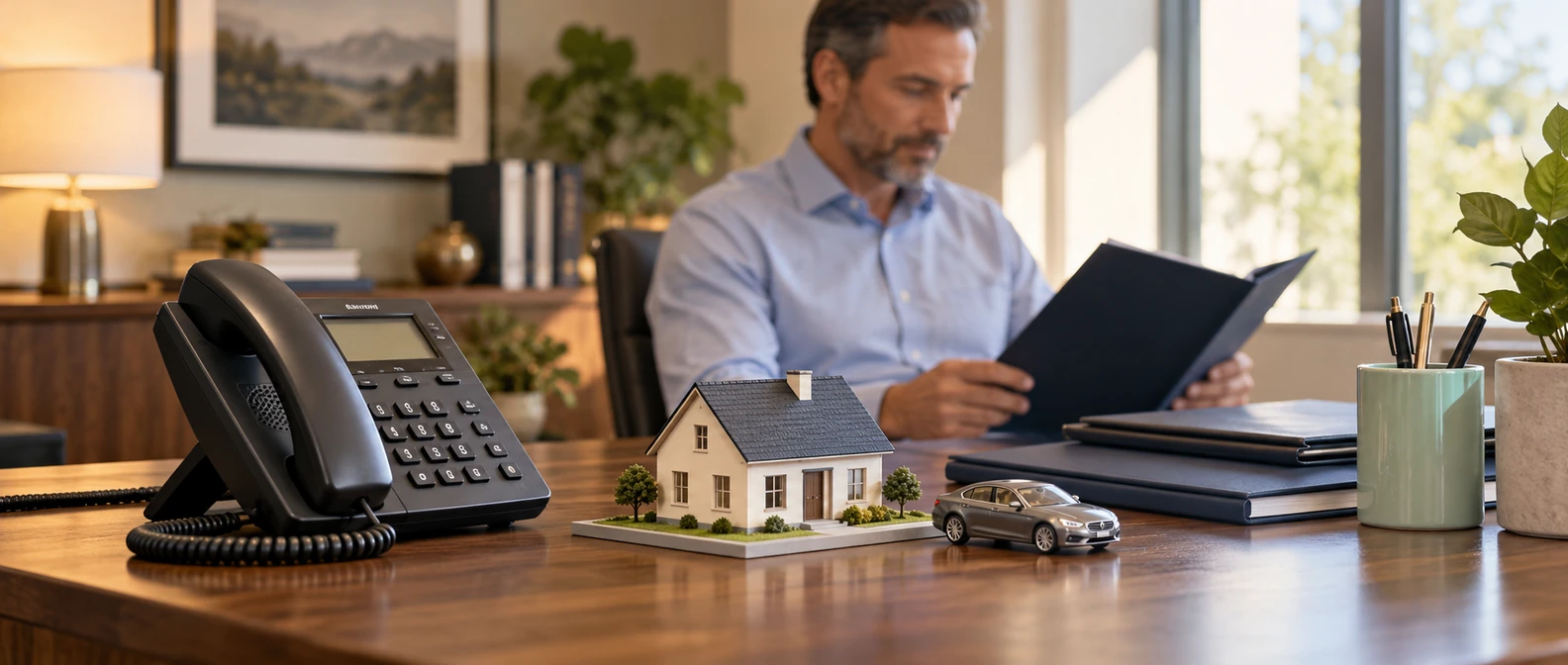 Insurance agency answering service: desk telephone beside model house and car, with an office worker reviewing a folder.