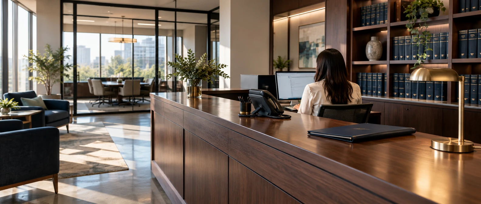 AI receptionist for law firms: receptionist behind a walnut counter with a desk telephone, bookshelves, and glass-walled meeting room.