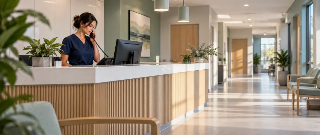 Receptionist in navy scrubs answering a desk phone at a bright clinic reception counter.