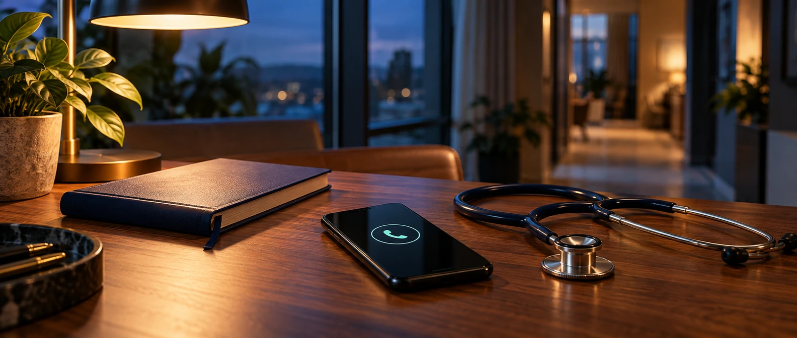 Physician answering service: smartphone with a glowing call symbol beside a stethoscope and closed notebook on a desk at dusk.