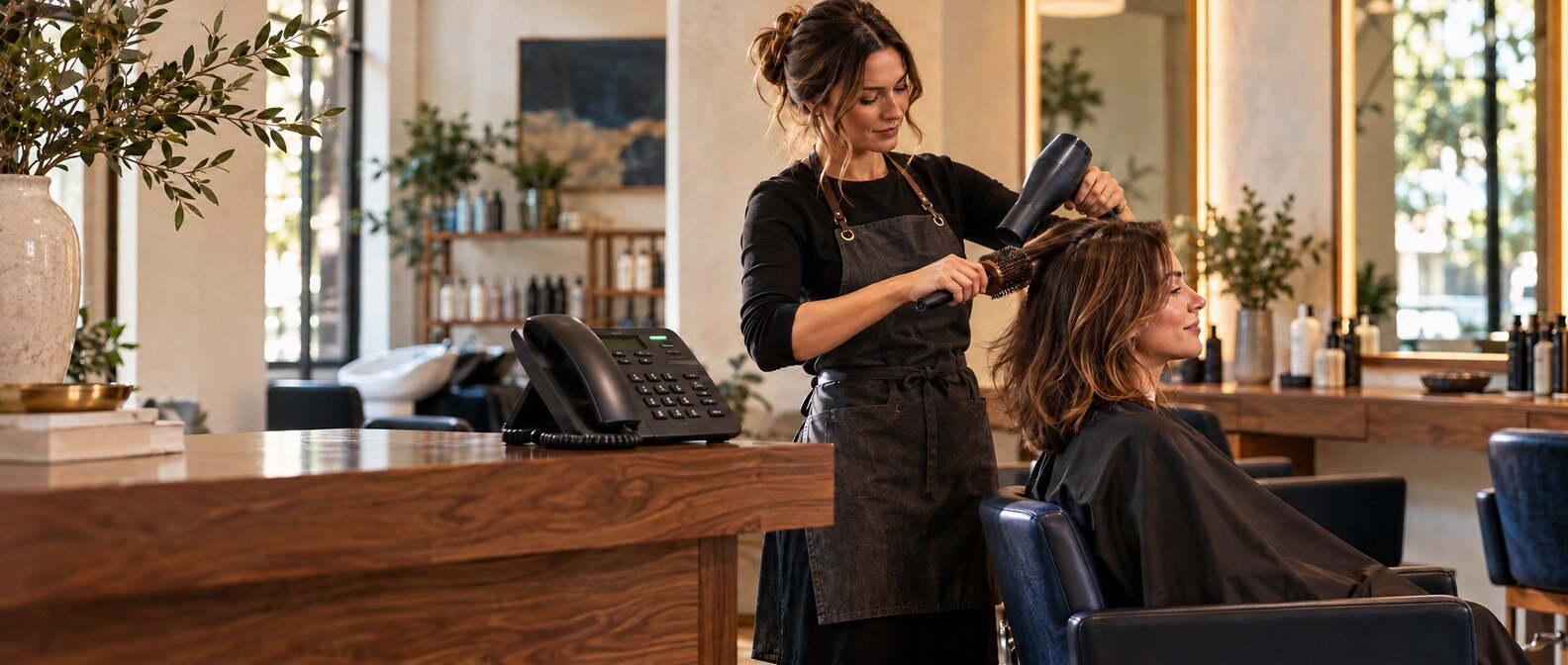 Stylist blow-dries a client's hair while an unattended telephone sits on the salon reception counter.
