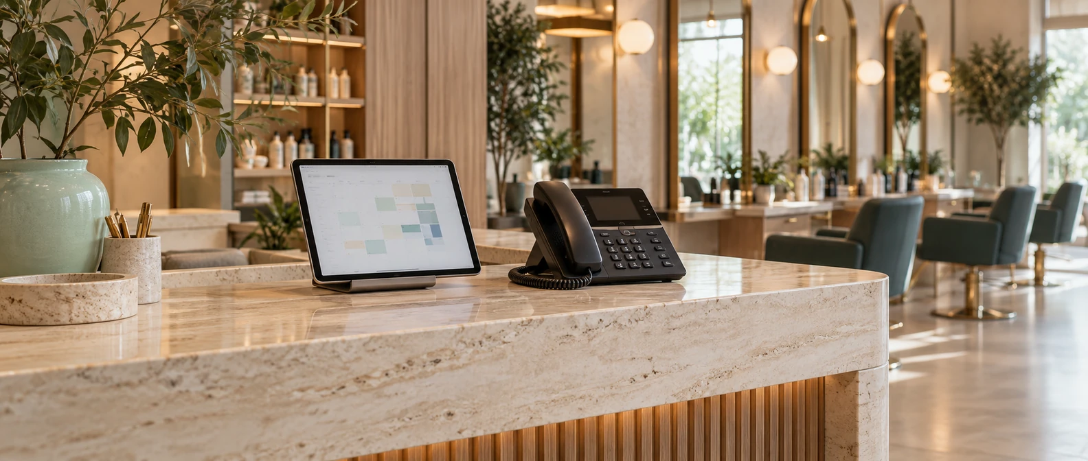 Salon booking software: tablet and desk telephone side by side on a stone salon counter, with empty styling chairs behind.